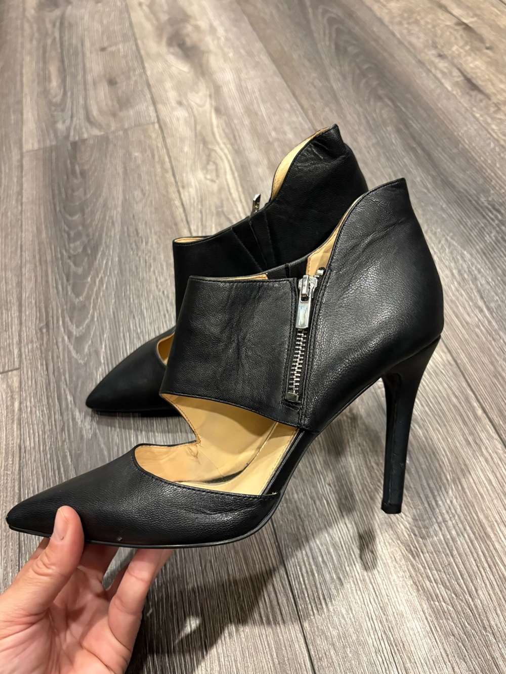 Black High Heel Cutout Ankle Pumps with Side Zip